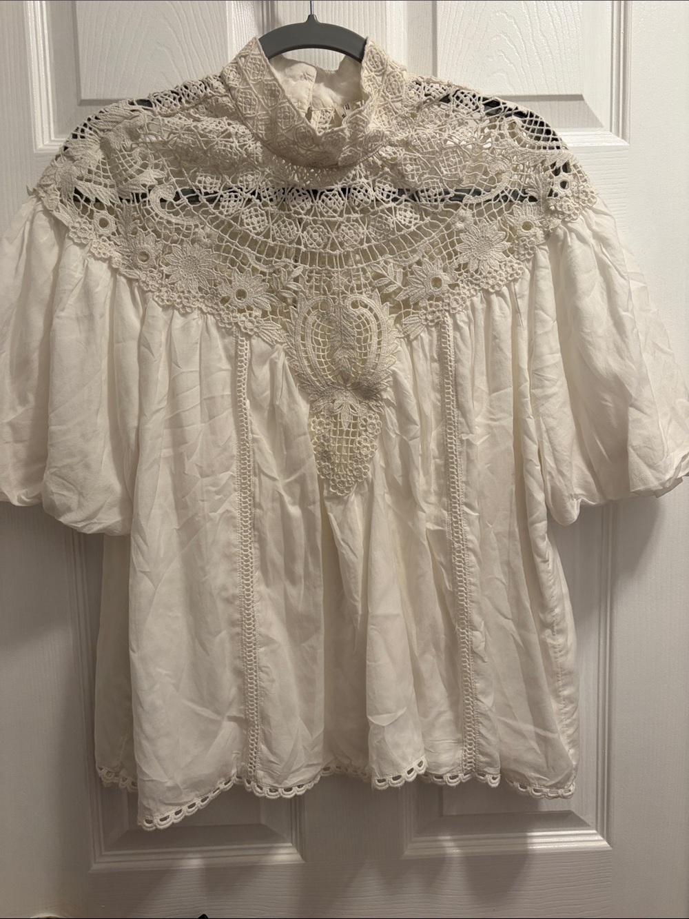 Anthropologie Ivory Crochet Yoke Puff Sleeve Blouse